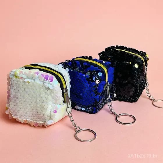Nova bolsa mini tridimensional quadrada com lantejoulas criativas, mini porta-moedas, porta-moedas feminino, porta-chave