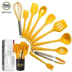 Novo balde de armazenamento, conjunto de utensílios de cozinha de silicone amarelo estilo ocidental com 10 peças.