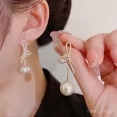 Brincos de Pérola com Pingente de Laço em Zircônia Micro-Incrustada, Luxo Leve, Nova Moda Verão 2022, Versáteis e Elegan