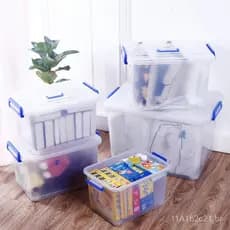 Caixa de armazenamento de plástico transparente para uso doméstico com tampa, caixa de armazenamento grande e reforçada