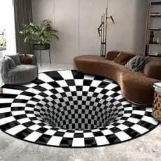Tapete circular 3D em preto e branco para sala de estar, mesa de centro, tapete para sofá, tapete com ilusão óptica 3D,