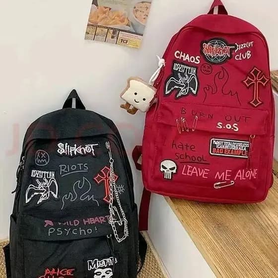 [SJB] Mochila escolar de estudante estilo Punk vinho tinto Rock, mochila escolar de grande capacidade Y2K, mochila Casua