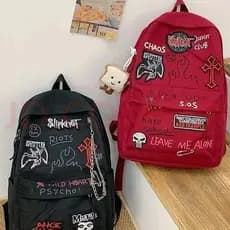 [SJB] Mochila escolar de estudante estilo Punk vinho tinto Rock, mochila escolar de grande capacidade Y2K, mochila Casua