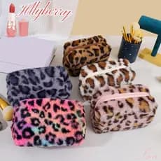 Bolsa Cosmética HLLYHERRY , De Maquiagem Com Estampa De Leopardo De Pelúcia , Organizador De Viagem Portátil De Grande C