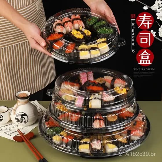Caixa redonda para embalagem de sushi, prato redondo descartável para comida para viagem, caixa de embalagem para prato