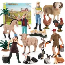 Conjunto de modelos simulados de animais de fazenda, aves e gado, com figuras estáticas sólidas de pastores, criadores d
