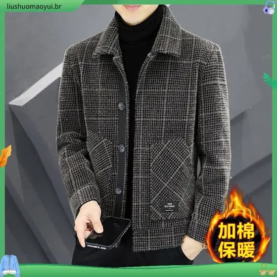 Jaqueta De Lã Quente Outono Masculina Elegante Com Estampa Xadrez E Bolsos Casaco Moderno De Peito Único Para Inverno Ou