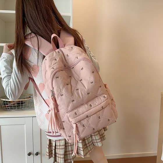 Mochila altamente estilosa para estudantes universitárias, mochila com laço bordado em estilo coreano, mochila de grande