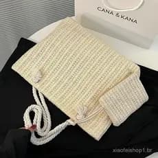 Bolsa de Palha Feminina de Grande Capacidade e Moda, Bolsa de Ombro de Praia de Verão em Tecido Feito à Mão com Tamanho