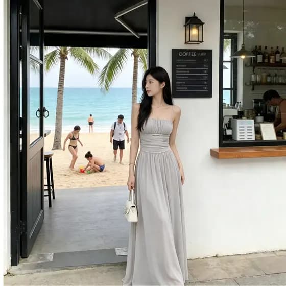 Vestido tipo estilingue de gaze estilo suave, cintura estreita, aparência mais fina, saia de comprimento médio, namoro