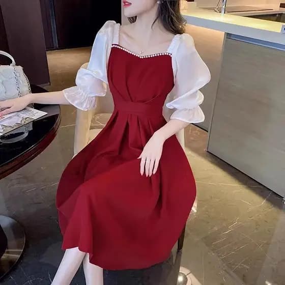Vestido Feminino Premium Vermelho Com Gola Quadrada Meia Manga Plus Size Cintura Fina Verão