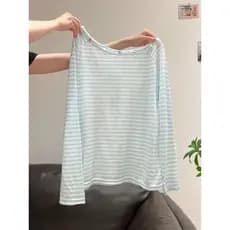 Feminino Listra Azul Assimétrica Fora Do Ombro Manga Comprida Proteção Solar Top Verão