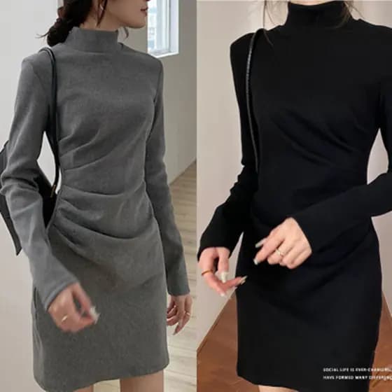 Vestido de fundo com gola alta plissado Slim fit cintura estreita saia interna com aparência mais fina