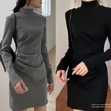 Vestido de fundo com gola alta plissado Slim fit cintura estreita saia interna com aparência mais fina