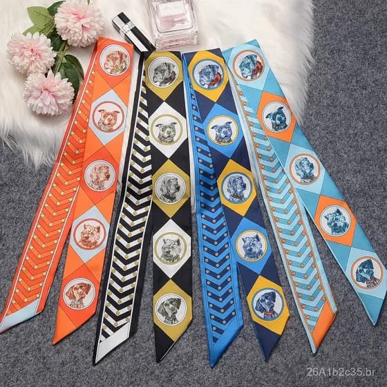 Lenço de seda de amoreira retro francês de verão, coleira de cachorro tricolor, lenço de seda para mulheres, laço estrei