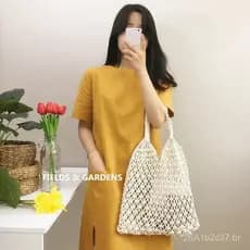 Bolsa de malha de algodão estilo chique, bolsa de praia para mulheres, bolsa de palha de ombro único, bolsa de rede casu