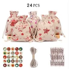 Conjunto de 24 sacolas de presente de Natal em algodão-linho com estampa dourada, sacolas decorativas para calendário do