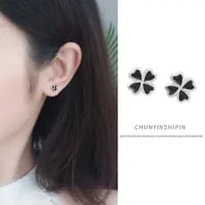 Brincos de prata esterlina s925 com trevo de quatro folhas preto, joias de estilo exclusivo, brincos florais simples, ac