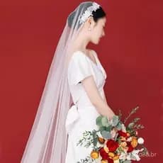 Véu de Noiva de Renda com Pérolas e Flores, Camada Única, Estilo Étnico, Branco, 3 Metros de Comprimento, Acessório para