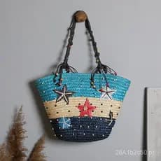 Fabricante de dropshipping, bolsa de praia com estampa de estrela-do-mar, bolsa feminina de palha, bolsa de ombro, bolsa