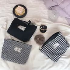 Bolsa de Maquiagem Clutch Preta e Branca da Série Trendy, Bolsa de Mão Simples, Casual Urbana, de Moda, em Algodão Xadre