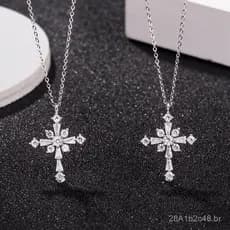 Colar feminino de prata esterlina s925 com pingente em forma de cruz em T, cravejado de diamantes ultra-brilhantes, esti