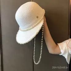 Novo chapéu de palha com aba de ráfia em estilo francês, boné tipo duckbill, chapéu de praia com pérolas, chapéu versáti