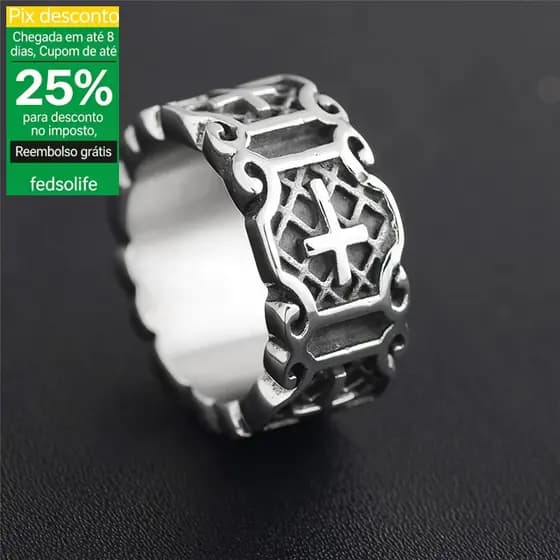 Fedsolife Anel Anel Masculino Cruz Hip-Hop Prata Banhada para Dedo Indicador, Estilo Retrô Coreano
