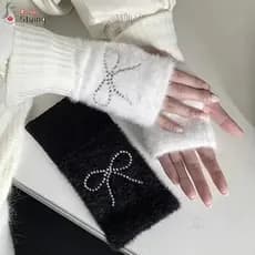 STYLING Luvas De Inverno , Cinco Dedos Espessadas Com Strass E Laço Pulso De Coelho Diamante Y2K