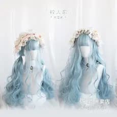 Peruca Lolita de cabelo longo e cacheado para atacado, estilo "Mermaid Song" em azul aqua com duas tranças, peruca femin