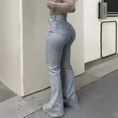 Calça Jeans Feminina de Cintura Alta e Corte Largado MH1025, Moda Streetwear, Ajuste Slim com Bolsos