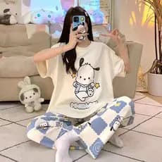 Senhoras pijamas primavera outono Homewear verão bonito dos desenhos animados solto calças de manga curta terno