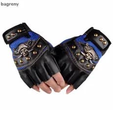 [bagreny] 1 Par De Caveiras Rebite PU Luvas Sem Dedos Homens Mulheres Moda Hip Hop Feminino Academia Punk Meio Dedo Pira
