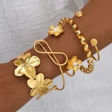 4 Unidades/Conjunto Pulseiras Abertas De Flores Vintage Para Mulheres , Acessórios Da Moda De Metal Dourado , Presentes
