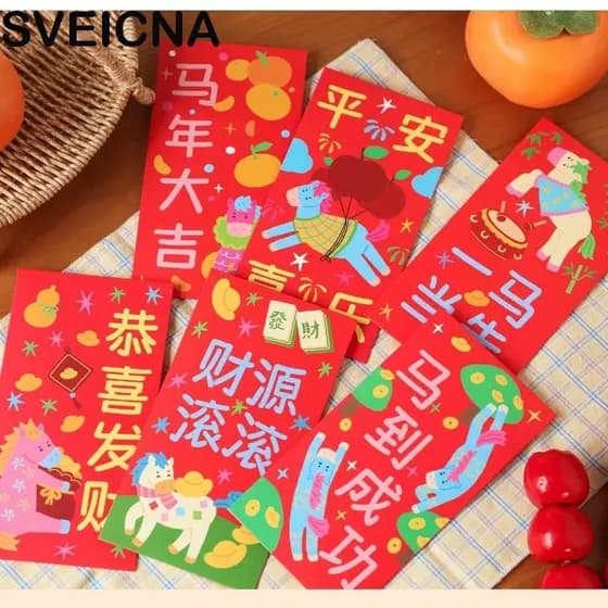 Pacote Vermelho SVEICNA , Bênção Estilo Chinês 2026 Envelope Do Ano Cavalo , Envelopes Dos Desenhos Animados