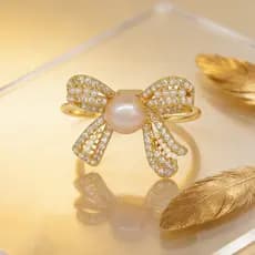 Cobre banhado a ouro japonês doce arco oco zircão anel aberto elegante luxo elegante todos os dias All-Match