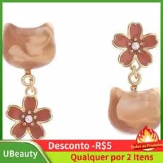 Brincos de Gato para Mulheres, Brincos Pendentes de Flor Banhados a Ouro 14K com Detalhes em Resina, Joias de Liga Metál