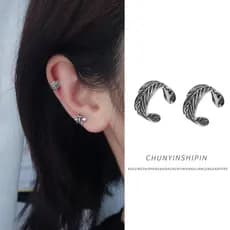 Brincos de prata esterlina s925 personalizados com design vintage de pena, sem furo, versáteis, tipo ear cuff, acessório