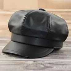 Chapéu octogonal de couro PU para outono e inverno, chapéu feminino para tamanhos de cabeça pequenos, chapéu feminino pa