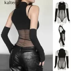 Body Fino De Renda KALTENDIN , Skinny Translúcido Estilo Menina Picante , Gola Redonda Sólida