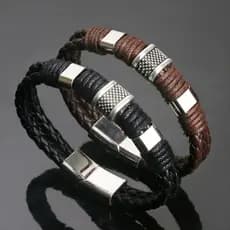 Pulseira com fecho magnético, couro preto, moda masculina vintage