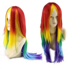 Peruca de anime europeia e americana, longa e reta com risca ao meio, estilo Harajuku, com gradiente de cores de arco-ír