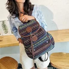 Mochila de lona feminina de estilo étnico, mochila casual esportiva moderna versão coreana, bolsa de higiene com cordão