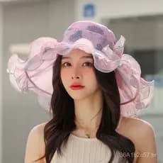 Chapéu de Sol Feminino de Verão Fino Estampado Dobrável Respirável com Proteção Solar e Aba Larga de Renda e Organza par