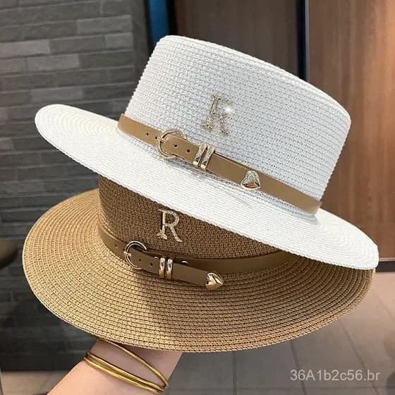 Chapéu de palha com fivela de couro em formato de letra R, chapéu casual de verão para proteção solar para mulheres, cha