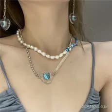 Colar de cerâmica colorido em estilo boêmio com pérolas de água doce e pedras preciosas em formato de coração, corrente