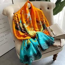 Xale feminino amarelo de seda acetinada com estampa floral de pavão, estilo étnico vintage, elegante e de dupla utilizaç