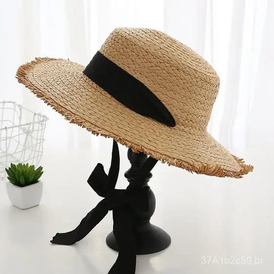 Diretamente do fabricante: Chapéu de palha feminino de verão com topo reto e fitas longas, estilo coreano, casual, para