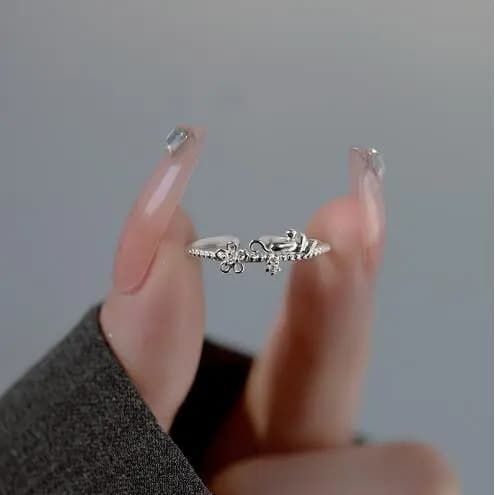 S925 prata esterlina elegante borboleta anel aberto feminino doce flor gato Design anel de dedo indicador elegante anel