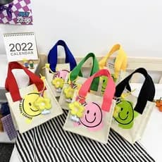 Bolsa de Lona Infantil com Estampa de Rosto Sorridente, Novo Estilo Coreano, Estampa de Grafite em Blocos de Cor, Bolsa